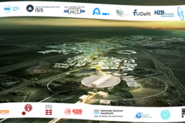 A futuristic view of ESS with the logos of the SINE2020 facilities and partners which constitute the European ecosystem for neutrons (Copyright: Henning Larsen Architects, edited by SINE2020)