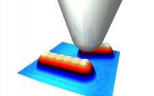 Schematic of the tip of a scanning tunneling microscope on a graphene nanoribbon