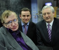 Professor Stephen Hawking with David Fleming, manager of the Intel Innovation Open Lab in Ireland and Martin Curley, vice president of Intel Labs Europe at a previous event