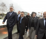 Boyko Borissov (L) is seen to walk with Carlos Moedas (2ndL) during official visit at Sofia Tech Park